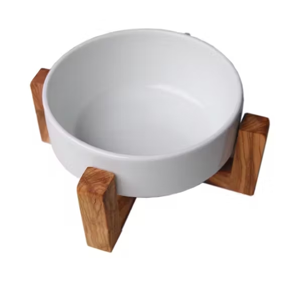 Bol d'alimentation "PIATTO" 0,4 litre en bois d'olivier et bol en porcelaine