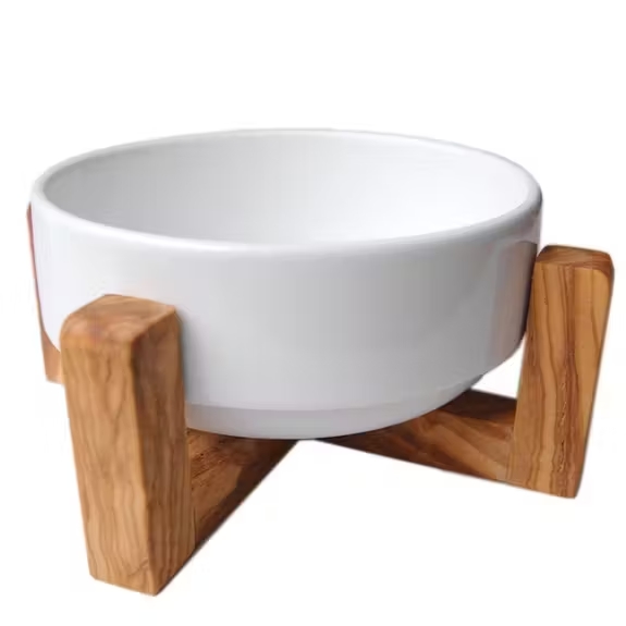 Bol d'alimentation "PIATTO" 0,4 litre en bois d'olivier et bol en porcelaine