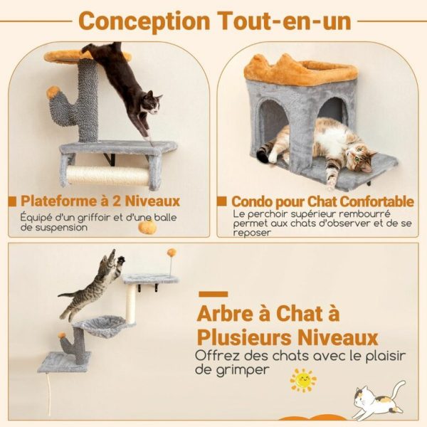 Tour pour Chat Mural Arbre à Chat avec Plate-forme à 2 Niveaux 2 Condos Confortables 1 Lit Confortable 1 Planche à Gratter