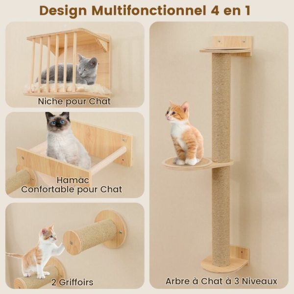 Accessoires Muraux 4 en 1 pour Chat Etagères Murales pour Chat avec Arbre à Chat à 3 Niveaux Hamac Griffoir et Tapis Naturel