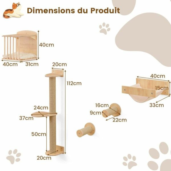 Accessoires Muraux 4 en 1 pour Chat Etagères Murales pour Chat avec Arbre à Chat à 3 Niveaux Hamac Griffoir et Tapis Naturel