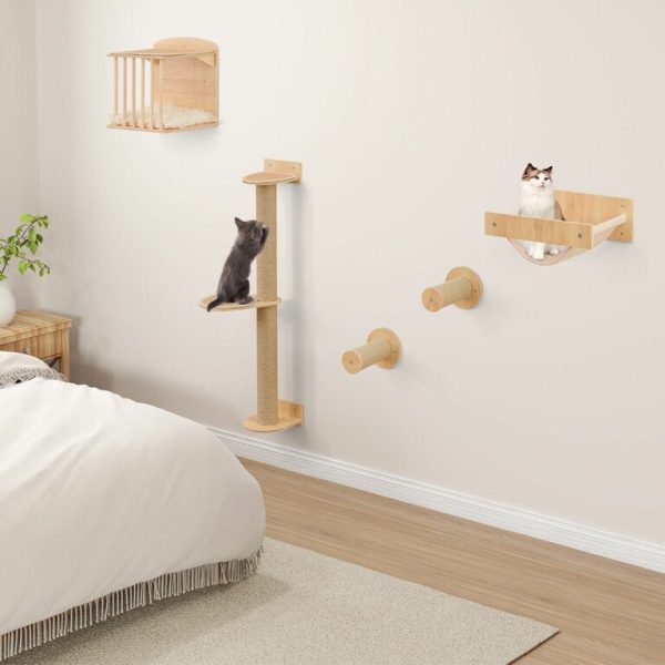 Accessoires Muraux 4 en 1 pour Chat Etagères Murales pour Chat avec Arbre à Chat à 3 Niveaux Hamac Griffoir et Tapis Naturel