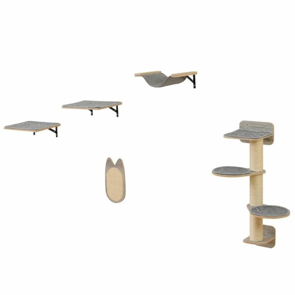 Arbre à Chat Mural Meubles avec 4 Niveaux Hamac Planche à Griffer & Tapis 2 Plateformes de Saut Arbre à Grimper Économiseur d'Espace Gris