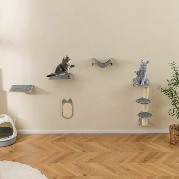 Arbre à Chat Mural Meubles avec 4 Niveaux Hamac Planche à Griffer & Tapis 2 Plateformes de Saut Arbre à Grimper Économiseur d'Espace Gris