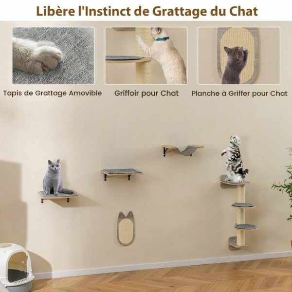 Arbre à Chat Mural Meubles avec 4 Niveaux Hamac Planche à Griffer & Tapis 2 Plateformes de Saut Arbre à Grimper Économiseur d'Espace Gris
