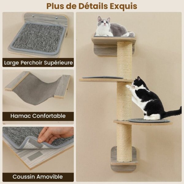 Arbre à Chat Mural Meubles avec 4 Niveaux Hamac Planche à Griffer & Tapis 2 Plateformes de Saut Arbre à Grimper Économiseur d'Espace Gris