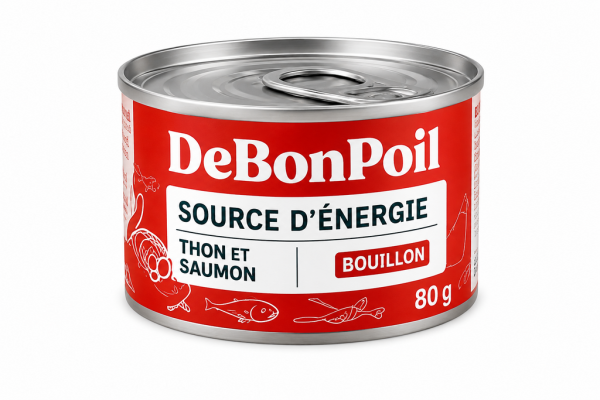 bouillon-thon-et-saumon.png DE BON POIL Boîte pour Chat Énergie 80g - Bouillon Thon & Saumon - Boost Vitamines