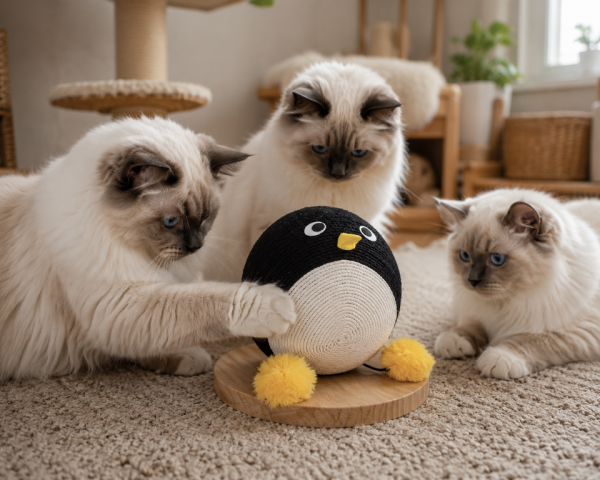 Balle a griffer pingouin pour chat avec corde 30cm