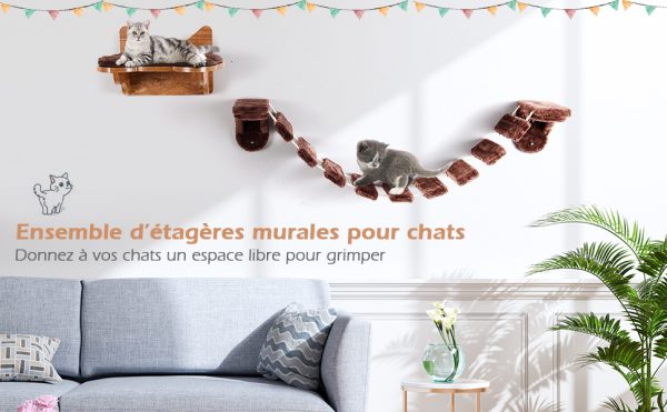 Arbre à Chat Mural en Bois avec Couchage et Escalier Pont à 9 Étapes 123 x 20 x 17 CM Charge max : 10KG Marron