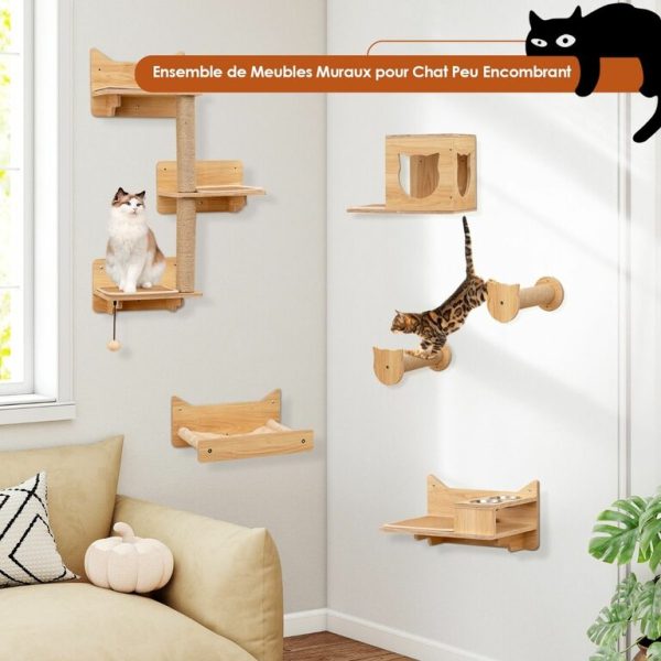 Ensemble de 6 Meubles Muraux pour Chat Étagères avec Hamac Pont Arbre à Chat à 2 Niveaux Plates-Formes Marches Poteaux à Griffer Naturel