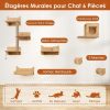 Ensemble de 6 Meubles Muraux pour Chat Étagères avec Hamac Pont Arbre à Chat à 2 Niveaux Plates-Formes Marches Poteaux à Griffer Naturel
