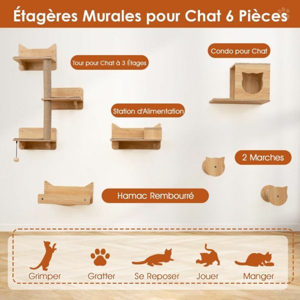 Ensemble de 6 Meubles Muraux pour Chat Étagères avec Hamac Pont Arbre à Chat à 2 Niveaux Plates-Formes Marches Poteaux à Griffer Naturel
