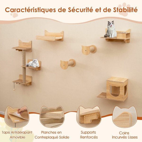 Ensemble de 6 Meubles Muraux pour Chat Étagères avec Hamac Pont Arbre à Chat à 2 Niveaux Plates-Formes Marches Poteaux à Griffer Naturel
