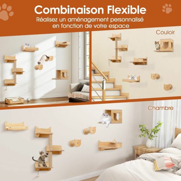 Ensemble de 6 Meubles Muraux pour Chat Étagères avec Hamac Pont Arbre à Chat à 2 Niveaux Plates-Formes Marches Poteaux à Griffer Naturel