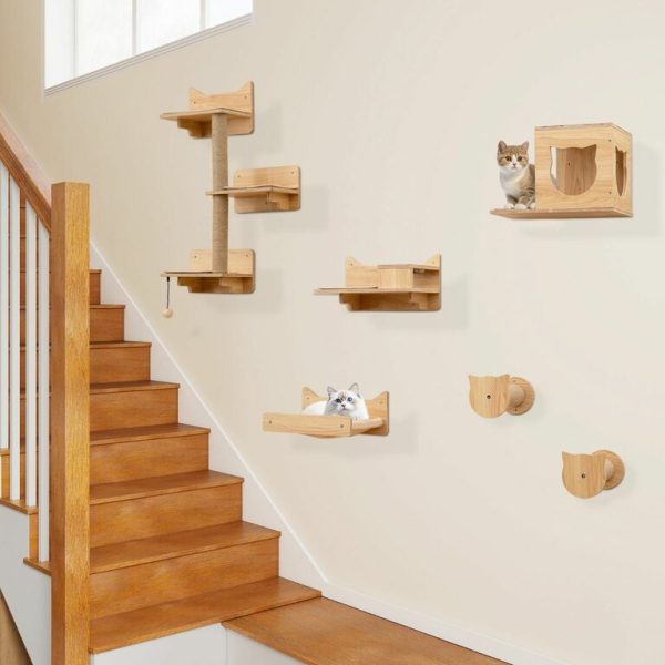Ensemble de 6 Meubles Muraux pour Chat Étagères avec Hamac Pont Arbre à Chat à 2 Niveaux Plates-Formes Marches Poteaux à Griffer Naturel