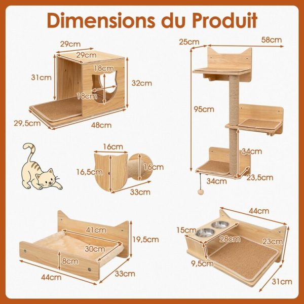 Ensemble de 6 Meubles Muraux pour Chat Étagères avec Hamac Pont Arbre à Chat à 2 Niveaux Plates-Formes Marches Poteaux à Griffer Naturel