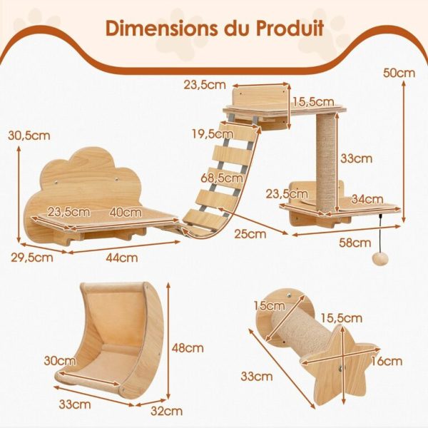 Ensemble de 6 Meubles Muraux pour Chat Étagères avec Hamac Pont Arbre à Chat à 2 Niveaux Plates-Formes Marches Poteaux à Griffer Beige