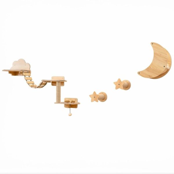 Ensemble de 6 Meubles Muraux pour Chat Étagères avec Hamac Pont Arbre à Chat à 2 Niveaux Plates-Formes Marches Poteaux à Griffer Beige
