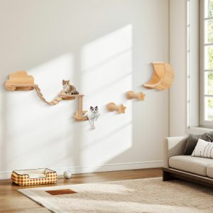 Ensemble de 6 Meubles Muraux pour Chat Étagères avec Hamac Pont Arbre à Chat à 2 Niveaux Plates-Formes Marches Poteaux à Griffer Beige