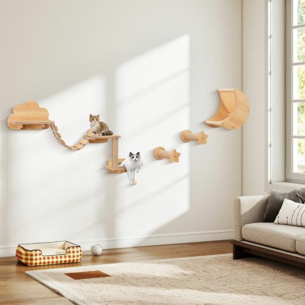 Ensemble de 6 Meubles Muraux pour Chat Étagères avec Hamac Pont Arbre à Chat à 2 Niveaux Plates-Formes Marches Poteaux à Griffer Beige