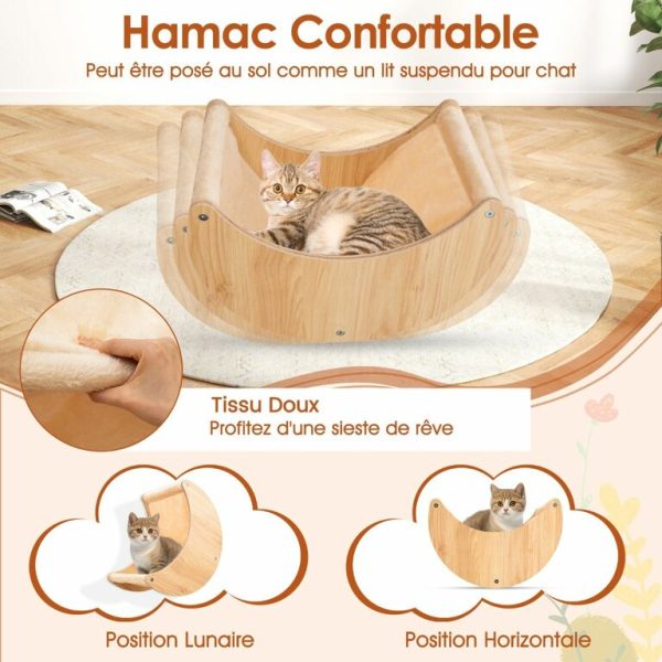 Ensemble de 6 Meubles Muraux pour Chat Étagères avec Hamac Pont Arbre à Chat à 2 Niveaux Plates-Formes Marches Poteaux à Griffer Beige