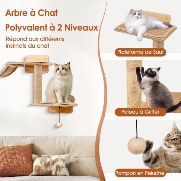 Ensemble de 6 Meubles Muraux pour Chat Étagères avec Hamac Pont Arbre à Chat à 2 Niveaux Plates-Formes Marches Poteaux à Griffer Beige