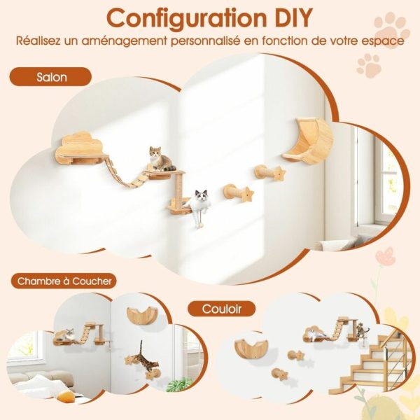 Ensemble de 6 Meubles Muraux pour Chat Étagères avec Hamac Pont Arbre à Chat à 2 Niveaux Plates-Formes Marches Poteaux à Griffer Beige