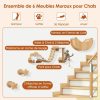 Ensemble de 6 Meubles Muraux pour Chat Étagères avec Hamac Pont Arbre à Chat à 2 Niveaux Plates-Formes Marches Poteaux à Griffer Beige