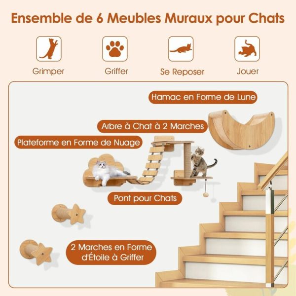 Ensemble de 6 Meubles Muraux pour Chat Étagères avec Hamac Pont Arbre à Chat à 2 Niveaux Plates-Formes Marches Poteaux à Griffer Beige
