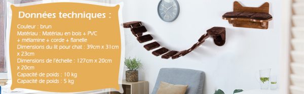 Arbre à Chat Mural en Bois avec Couchage et Escalier Pont à 9 Étapes 123 x 20 x 17 CM Charge max : 10KG Marron