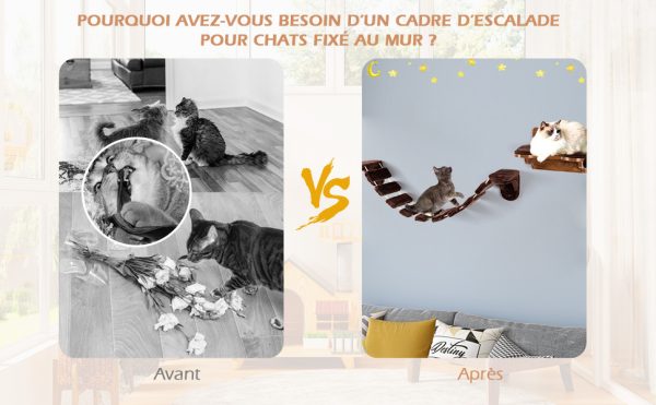 Arbre à Chat Mural en Bois avec Couchage et Escalier Pont à 9 Étapes 123 x 20 x 17 CM Charge max : 10KG Marron