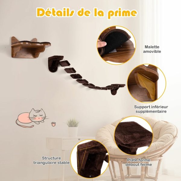 Arbre à Chat Mural en Bois avec Couchage et Escalier Pont à 9 Étapes 123 x 20 x 17 CM Charge max : 10KG Marron