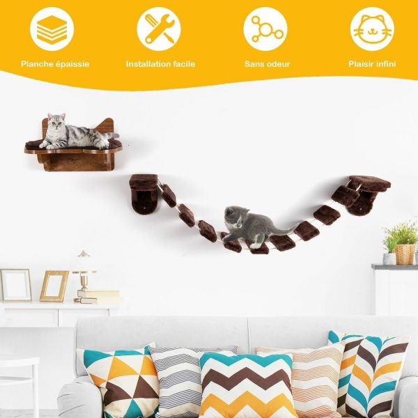 Arbre à Chat Mural en Bois avec Couchage et Escalier Pont à 9 Étapes 123 x 20 x 17 CM Charge max : 10KG Marron