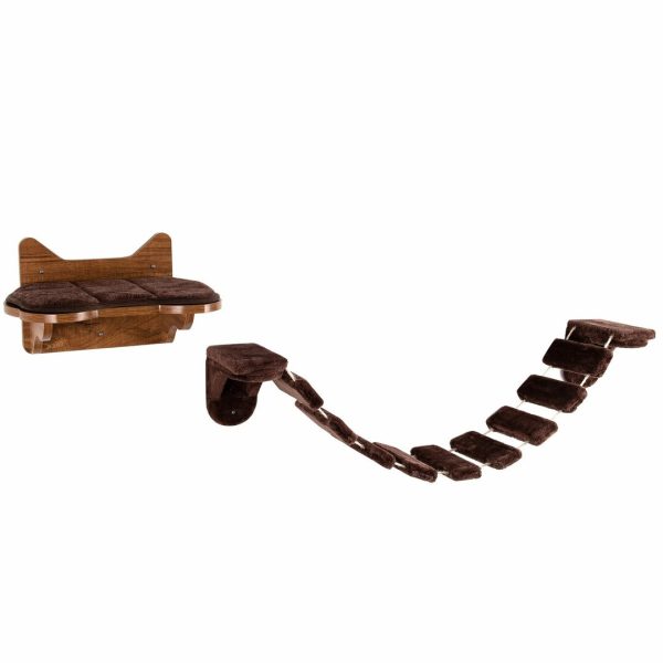 Arbre à Chat Mural en Bois avec Couchage et Escalier Pont à 9 Étapes 123 x 20 x 17 CM Charge max : 10KG Marron