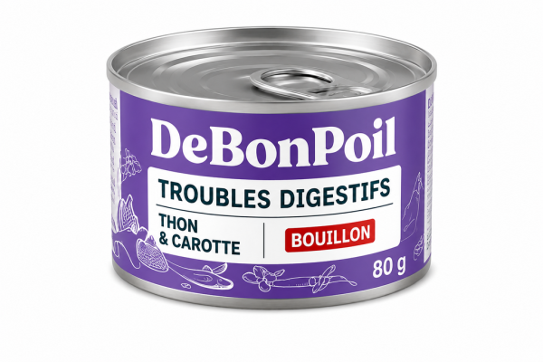thon-carottes-en-bouillon.png DE BON POILS Boîtes pour chat digestion - 80 g bouillon - Thon & Carotte