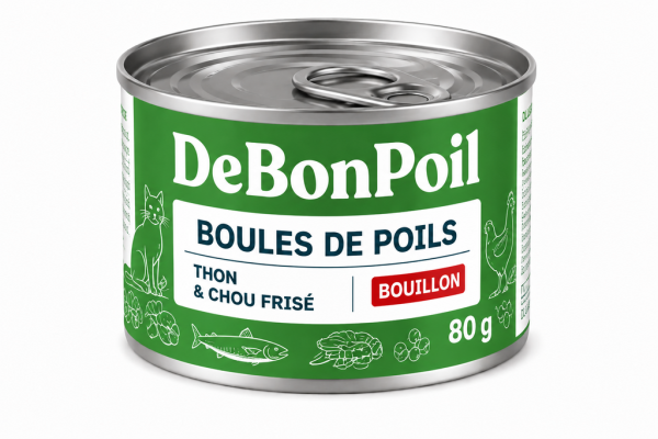 thon-chou-frise-en-bouillon.png DE BON POIL Pâtée ''Boules de poils'' - Thon et chou frisé en bouillon 80g