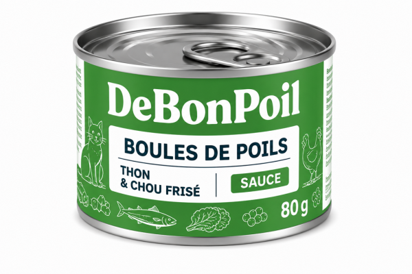 DE BON POIL Pâtée ''Boules de poils'' - thon et chou frisé en sauce 80g