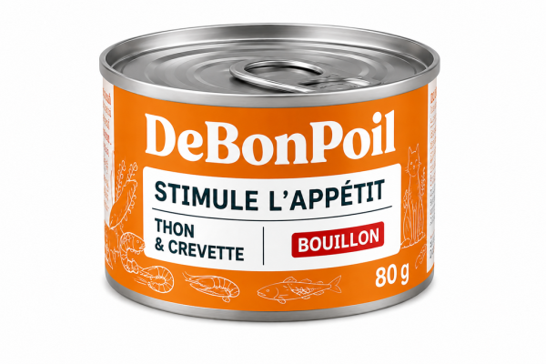 thon-crevette-bouillon.png DE BON POIL Pâtée ''Stimule l'appétit'' - Thon et crevette en bouillon 80g